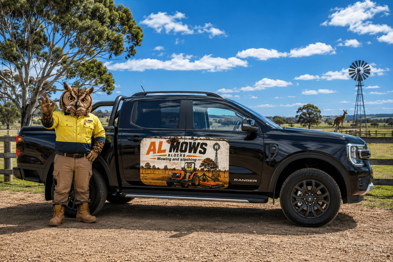 AL Mows Blocks mascot waving beside the branded ute